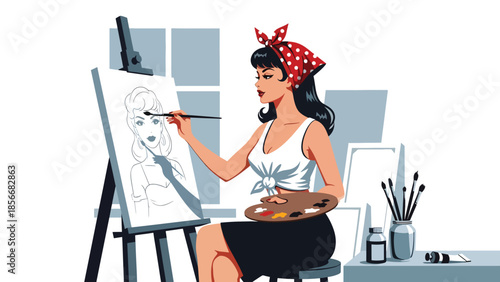 Pop art pin up girl painting on canvas in art studio, creative modern vector illustration with solid colors, ideal for art and hobby themes