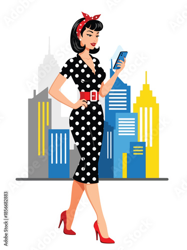 Pop art pin up girl checking smartphone while walking, modern vector illustration with solid colors, ideal for modern lifestyle and communication themes