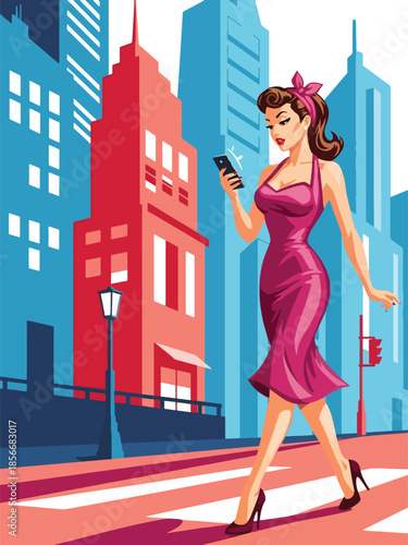 Pop art pin up girl checking smartphone while walking, modern vector illustration with solid colors, ideal for modern lifestyle and communication themes