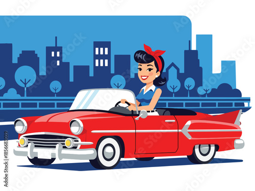 Pop art pin up girl driving vintage car, smiling modern vector illustration with solid colors, ideal for travel and retro lifestyle designs