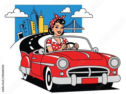 Pop art pin up girl driving vintage car, smiling modern vector illustration with solid colors, ideal for travel and retro lifestyle designs