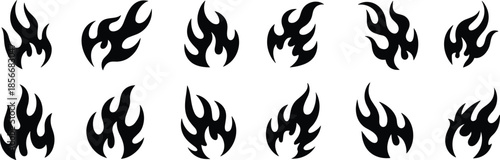 Ten Black Silhouette Icons of Stylized Flames and Fire burn heat