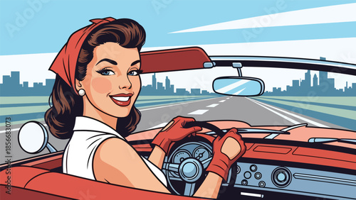 Pop art pin up girl driving vintage car, smiling modern vector illustration with solid colors, ideal for travel and retro lifestyle designs