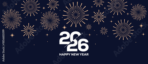 Festive Happy New Year 2026 background with golden fireworks and elegant white 2026 typography on a dark blue night sky, ideal for greeting cards, banners, invitations and holiday marketing designs.