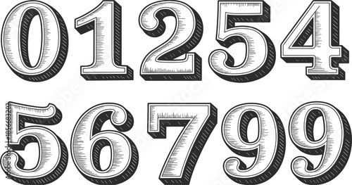 Vintage style numbers 0 through 9 with detailed shading and outline digits zero