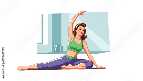 Pop art pin up girl practicing yoga stretch indoors, modern vector illustration with solid colors, ideal for wellness and lifestyle visuals