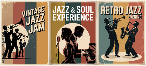 Set of three vintage-style jazz posters featuring trumpet, saxophone, piano, and vocal silhouettes in teal, rust, and beige with retro typography.