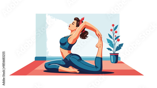 Pop art pin up girl practicing yoga stretch indoors, modern vector illustration with solid colors, ideal for wellness and lifestyle visuals