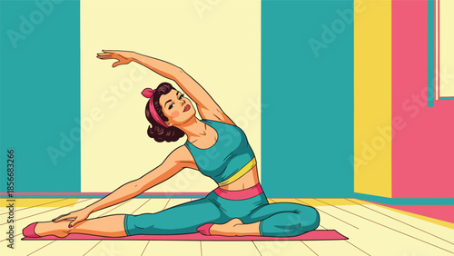 Pop art pin up girl practicing yoga stretch indoors, modern vector illustration with solid colors, ideal for wellness and lifestyle visuals
