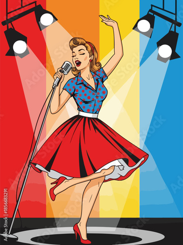 Pop art pin up girl singing with microphone on stage, energetic modern vector illustration with solid colors, ideal for music and entertainment themes