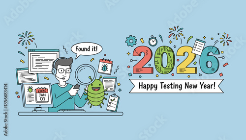 Happy Testing New Year 2026 illustration QA specialist finds a software bug using a magnifying glass