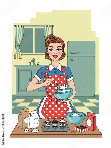 Pop art pin up girl baking cupcakes in retro kitchen, cheerful modern vector illustration with solid colors, ideal for food and lifestyle designs