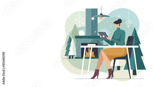 Woman working remotely on tablet by a cozy fireplace in winter Freelance connectivity and lifestyle