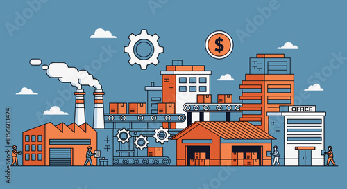Factory production logistics and corporate business operations workflow illustration