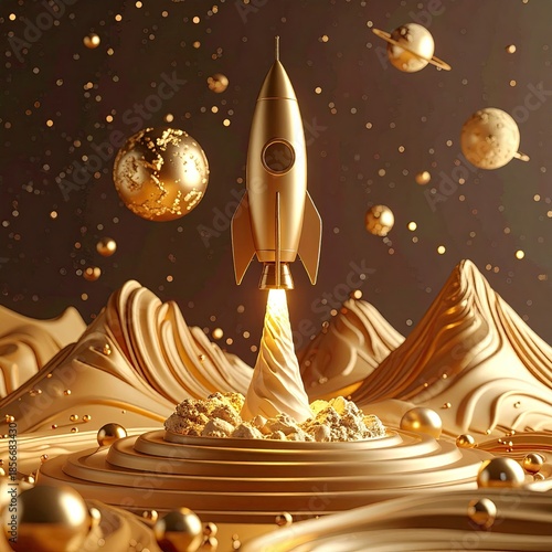 Golden rocket launching into space