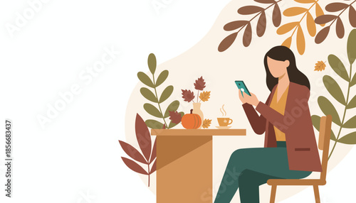 Woman uses phone at cafe table in cozy autumn setting with pumpkin leaves and hot coffee