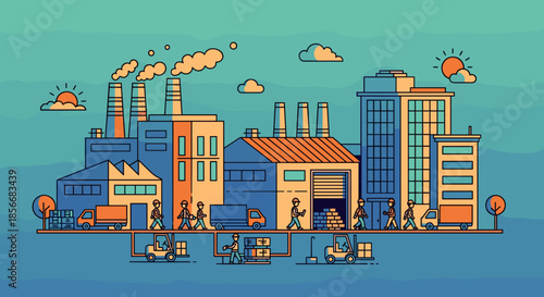 Manufacturing complex illustration workers trucks forklifts production and supply chain