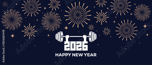 Festive Happy New Year 2026 background with golden fireworks and elegant white 2026 typography on a dark blue night sky, ideal for greeting cards, banners, invitations and holiday marketing designs.