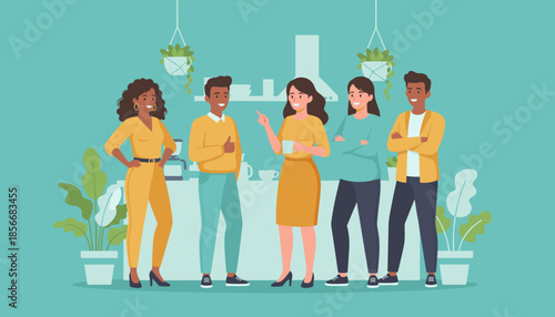 Happy diverse coworkers chatting in an office breakroom Teamwork and casual meeting