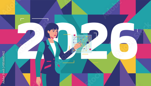 Businesswoman interacts with digital data projection over 2026 symbolizing corporate strategy and future planning