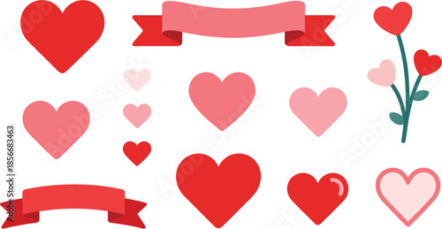 A charming flat design vector illustration featuring a collection of romantic pink and red hearts and decorative banners isolated on a clean white background, symbolizing love and passion - Valentine