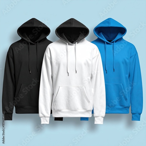 Three plain hoodies in black, white, and blue