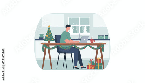 Working remotely during the winter holidays Man using laptop in Christmas decorated home kitchen