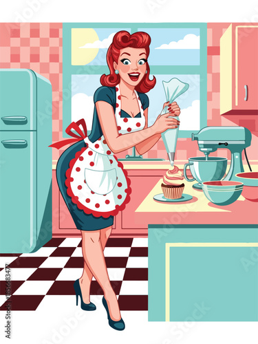 Pop art pin up girl baking cupcakes in retro kitchen, cheerful modern vector illustration with solid colors, ideal for food and lifestyle designs