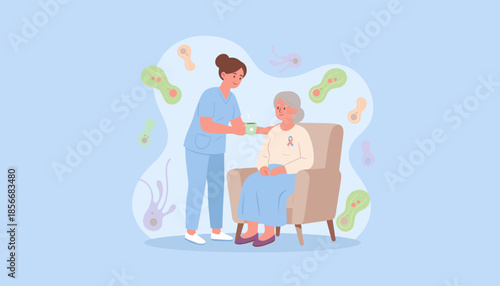 Nurse helps senior woman with hot drink Concept of elderly care health support and recovery