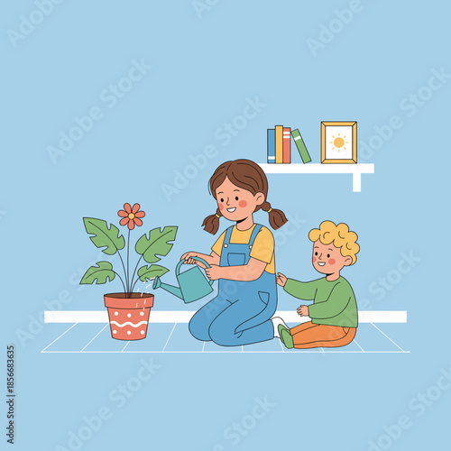 Happy siblings water a flowering houseplant indoors Childhood education responsibility and nature care concept