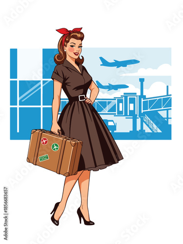 Pop art pin up girl carrying suitcase at airport, modern vector illustration with solid colors, ideal for travel and adventure lifestyle visuals