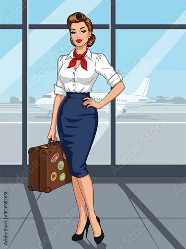 Pop art pin up girl carrying suitcase at airport, modern vector illustration with solid colors, ideal for travel and adventure lifestyle visuals