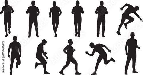 Silhouettes of men running and jumping in various poses