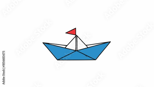 Blue origami paper boat with red flag on white background.