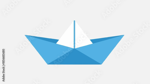 Blue paper boat floating on a white background.