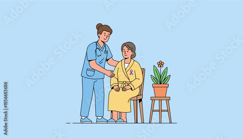 Nurse comforts senior patient wearing purple awareness ribbon symbolizing healthcare and support