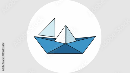 Blue origami paper sailboat with white sails floating on water.