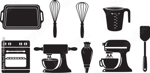 Black silhouettes of baking tools and kitchen appliances
