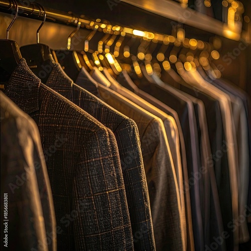 Men's suits on hangers, lit by warm light