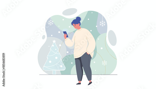 Cozy woman checks smartphone near a stylized Christmas tree in a winter snowy setting