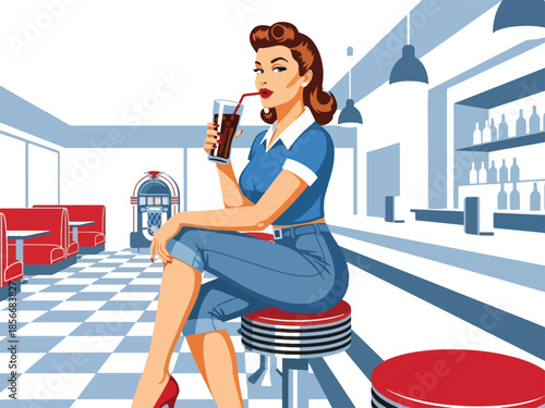 Pop art pin up girl sitting on bar stool sipping soda, casual modern vector illustration with solid colors, ideal for retro diner lifestyle themes