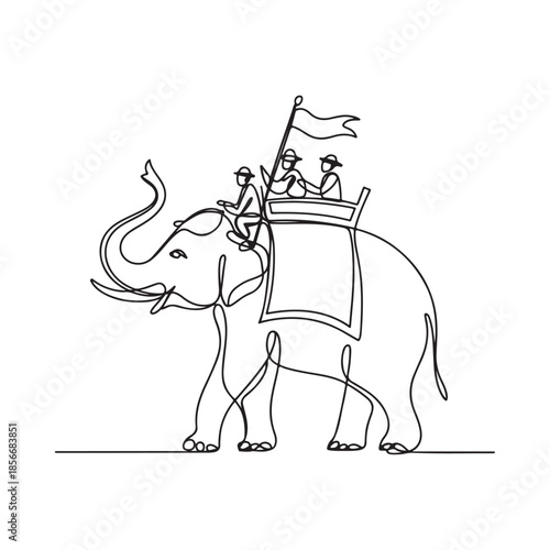 Elegant single line drawing of people riding an elephant with a howdah