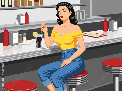 Pop art pin up girl sitting on bar stool sipping soda, casual modern vector illustration with solid colors, ideal for retro diner lifestyle themes