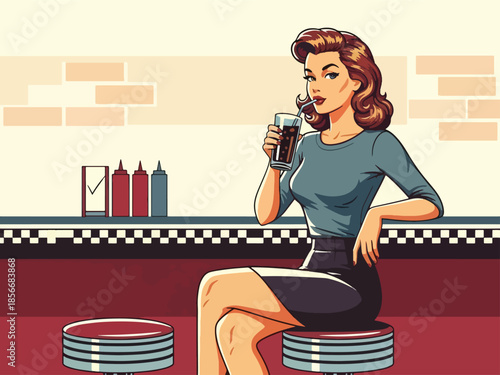 Pop art pin up girl sitting on bar stool sipping soda, casual modern vector illustration with solid colors, ideal for retro diner lifestyle themes