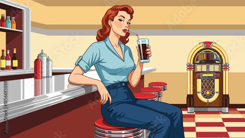 Pop art pin up girl sitting on bar stool sipping soda, casual modern vector illustration with solid colors, ideal for retro diner lifestyle themes