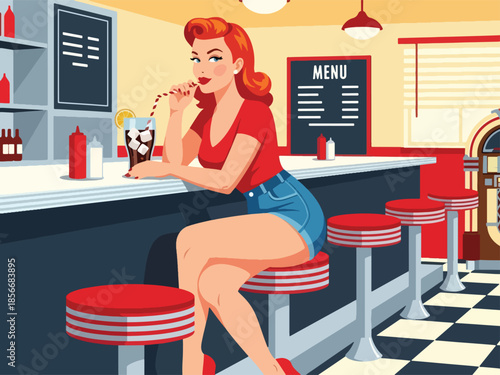 Pop art pin up girl sitting on bar stool sipping soda, casual modern vector illustration with solid colors, ideal for retro diner lifestyle themes
