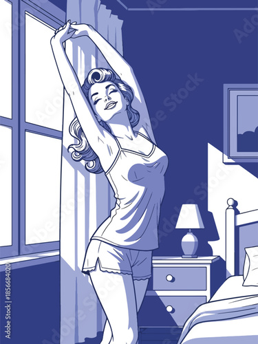 Pop art pin up girl stretching arms near window in morning light, modern vector illustration with solid colors, ideal for daily routine visuals