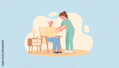 Caretaker gently assists elderly woman at home Professional senior care and comfort