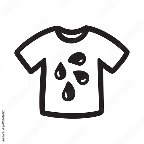 A simple black and white drawing of a t shirt with several water droplets