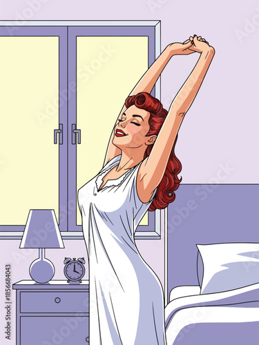 Pop art pin up girl stretching arms near window in morning light, modern vector illustration with solid colors, ideal for daily routine visuals